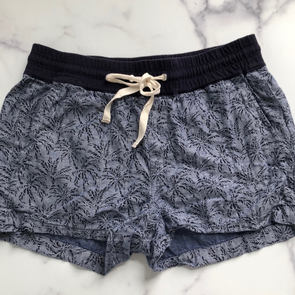 J Crew Palm Tree Shorts Navy Blue Pull On Cotton Linen Size 2